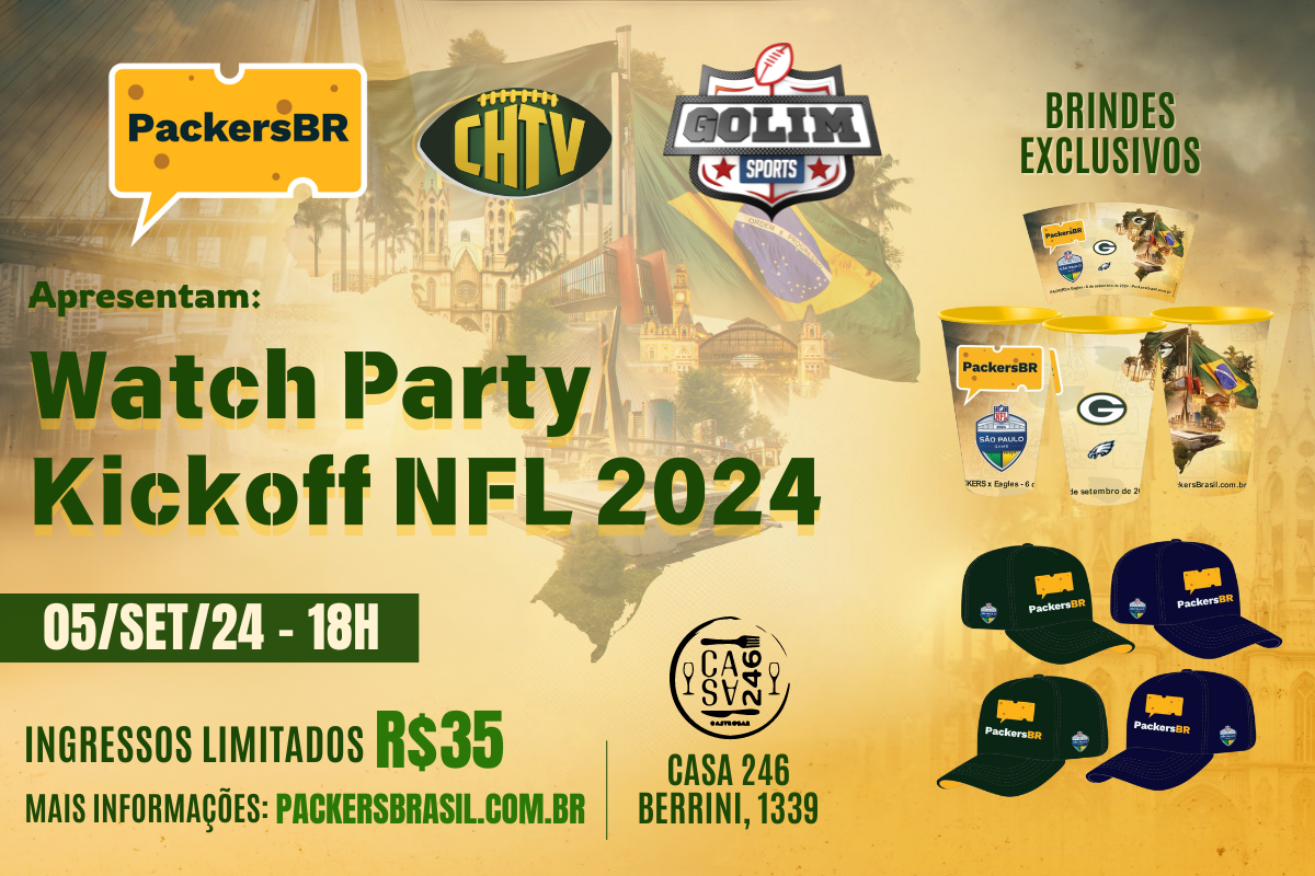 A Watch Party para o kickoff da temporada é uma parceria entre Packers Brasil, CheeseheadTV e Golim Sports.